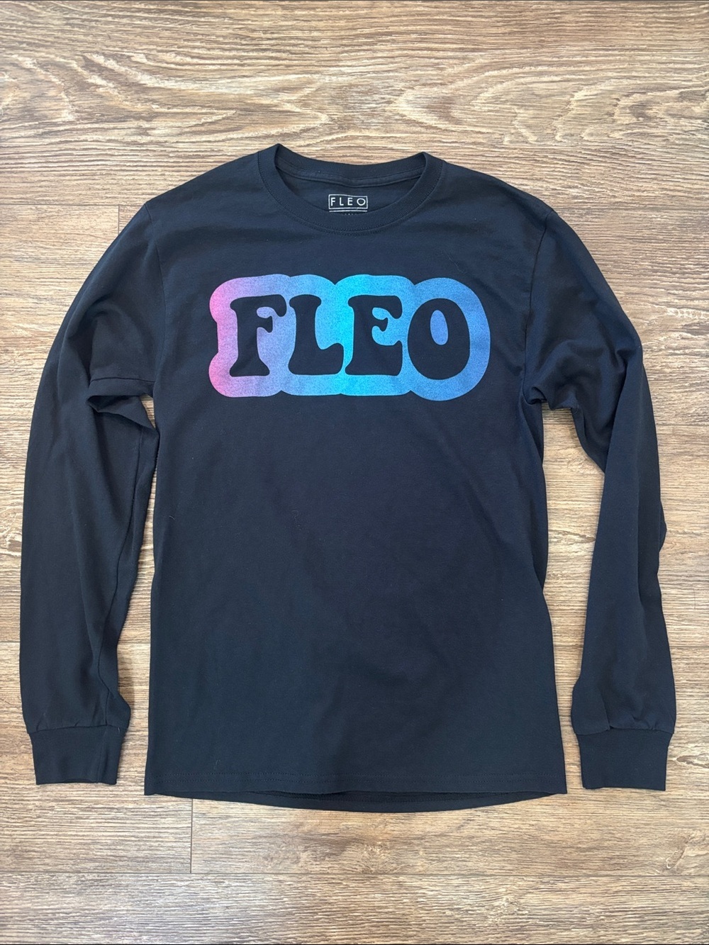 Fleo Black Long Sleeve Tee with Pink Purple Blue Gradient Logo Womens Size Small